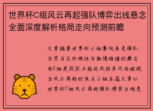 世界杯C组风云再起强队博弈出线悬念全面深度解析格局走向预测前瞻